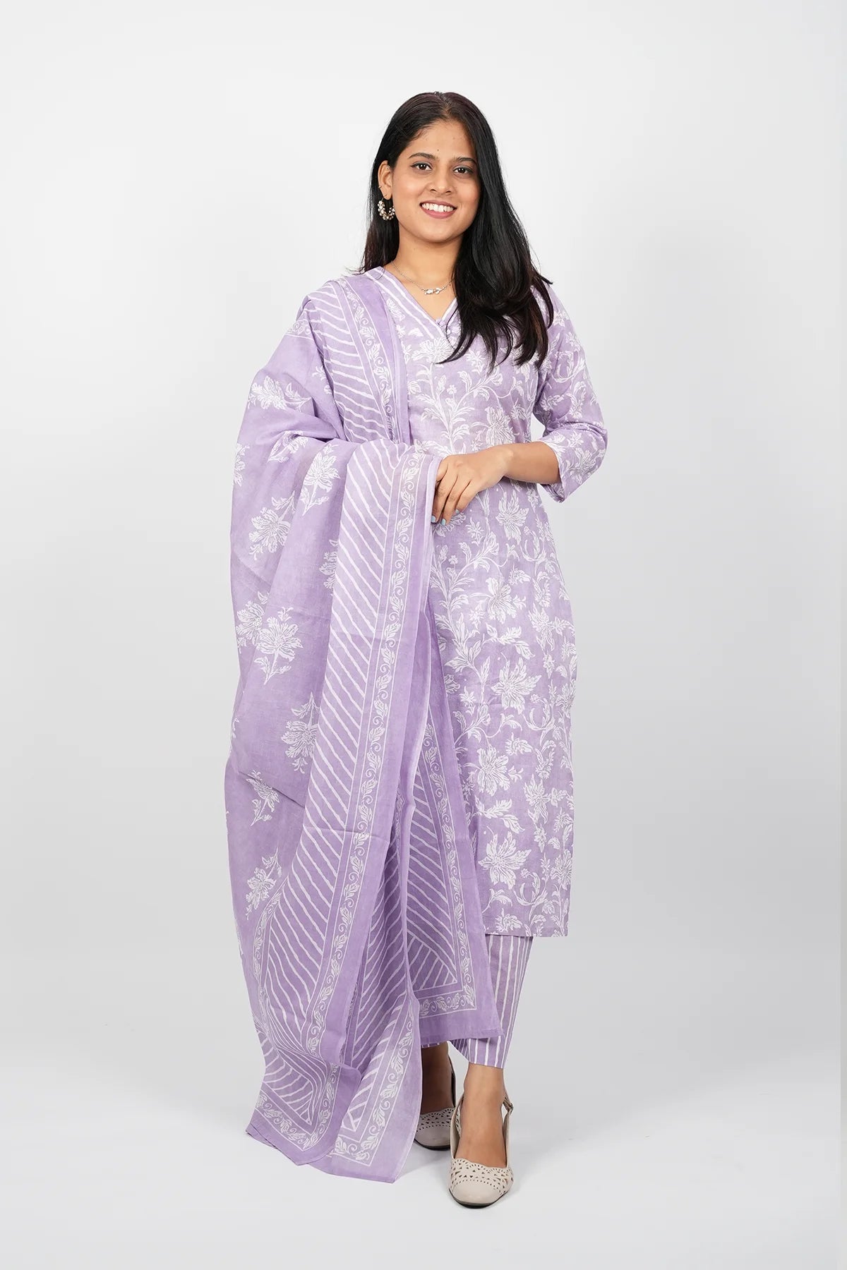 Purple & White Cotton Straight Cut Kurti Set