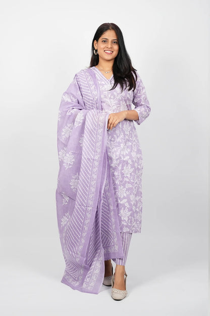 Purple & White Cotton Straight Cut Kurti Set