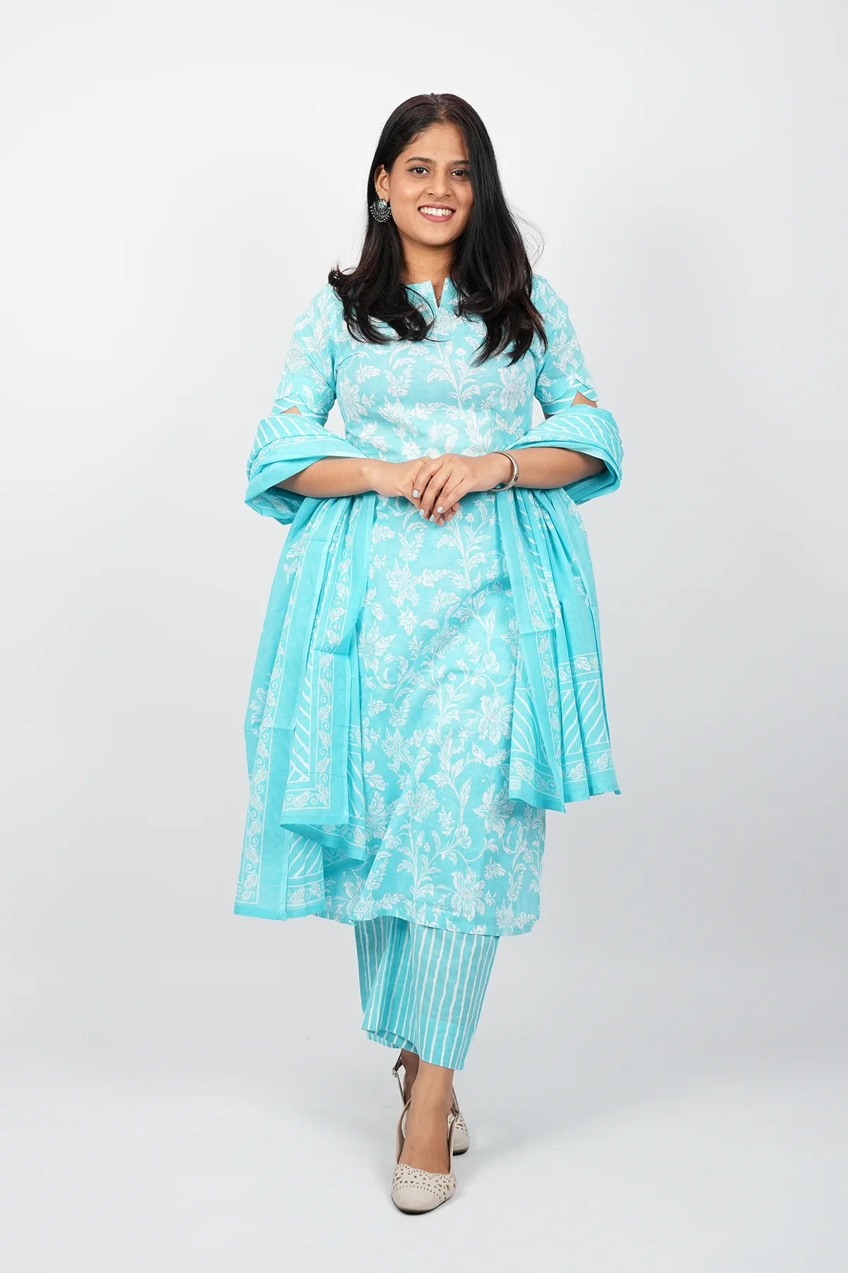 Sky Blue Cotton Straight Cut Kurti Suit Set