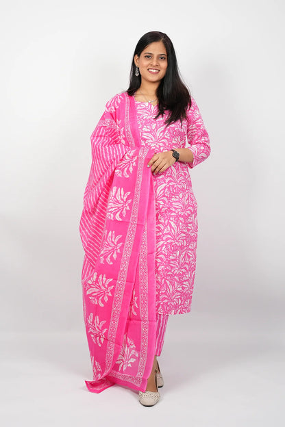 Pink Cotton Straight Cut Kurti Suit Set