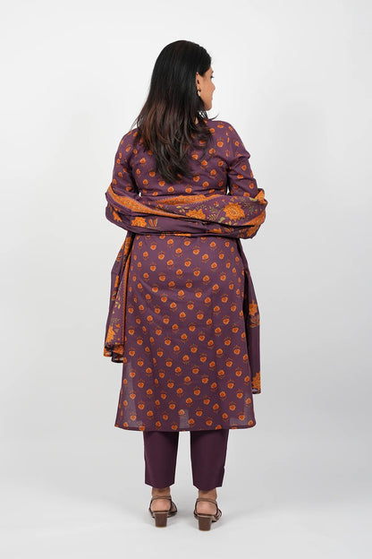 Dark Violet Cotton Straight Cut Kurti Suit Set