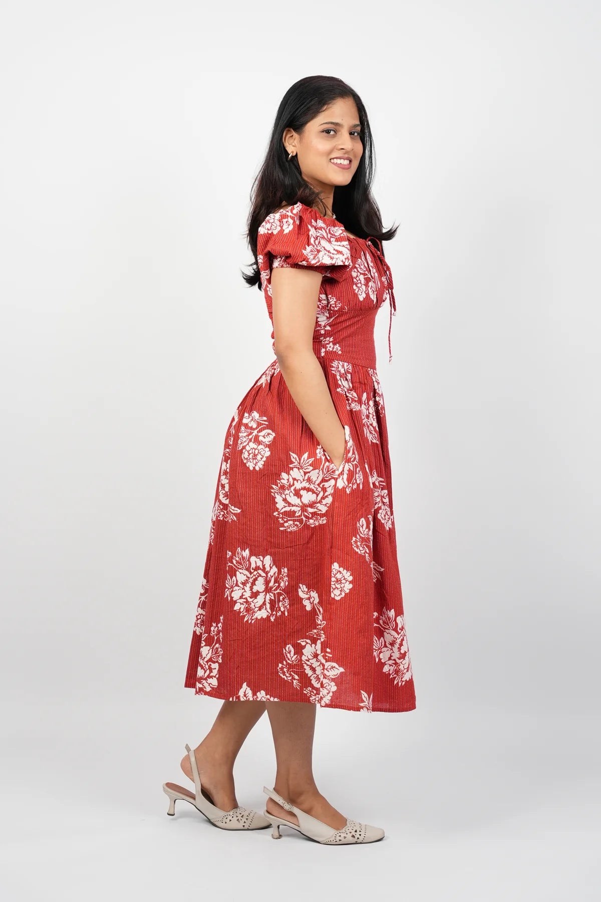 Red Floral A-Line Midi Dress