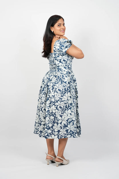 White with blue Floral A-Line Midi Dress