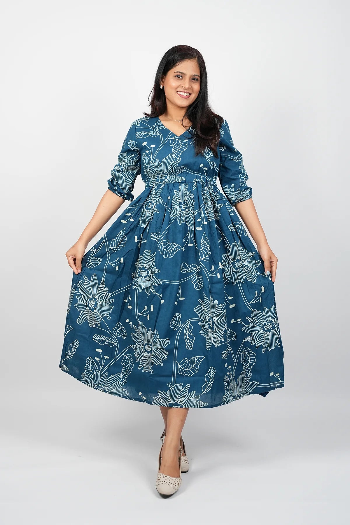 Dark Blue A-Line Cotton Dress
