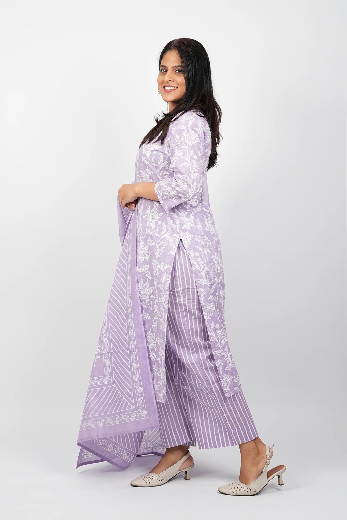 Purple & White Cotton Straight Cut Kurti Set