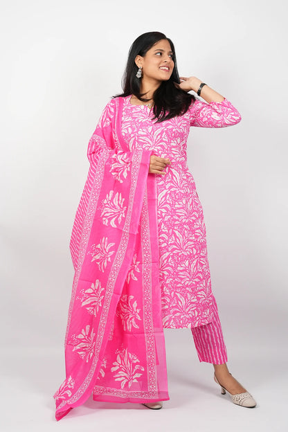 Pink Cotton Straight Cut Kurti Suit Set