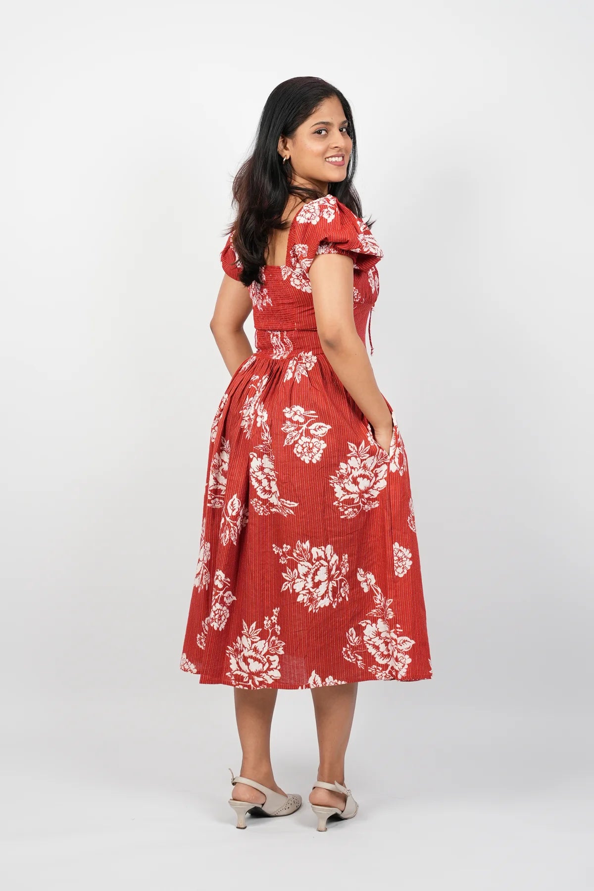 Red Floral A-Line Midi Dress