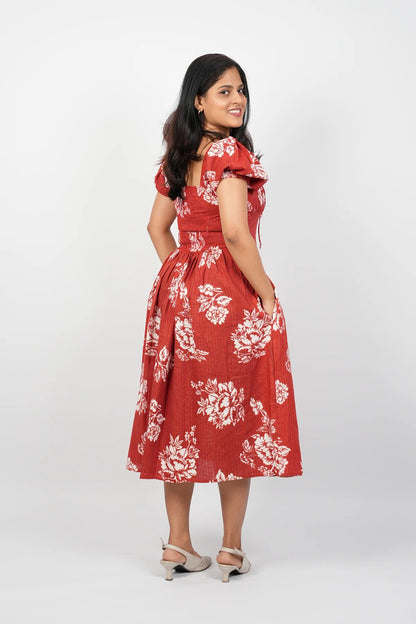 Red Floral A-Line Midi Dress