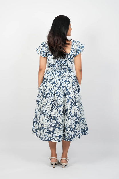 White with blue Floral A-Line Midi Dress