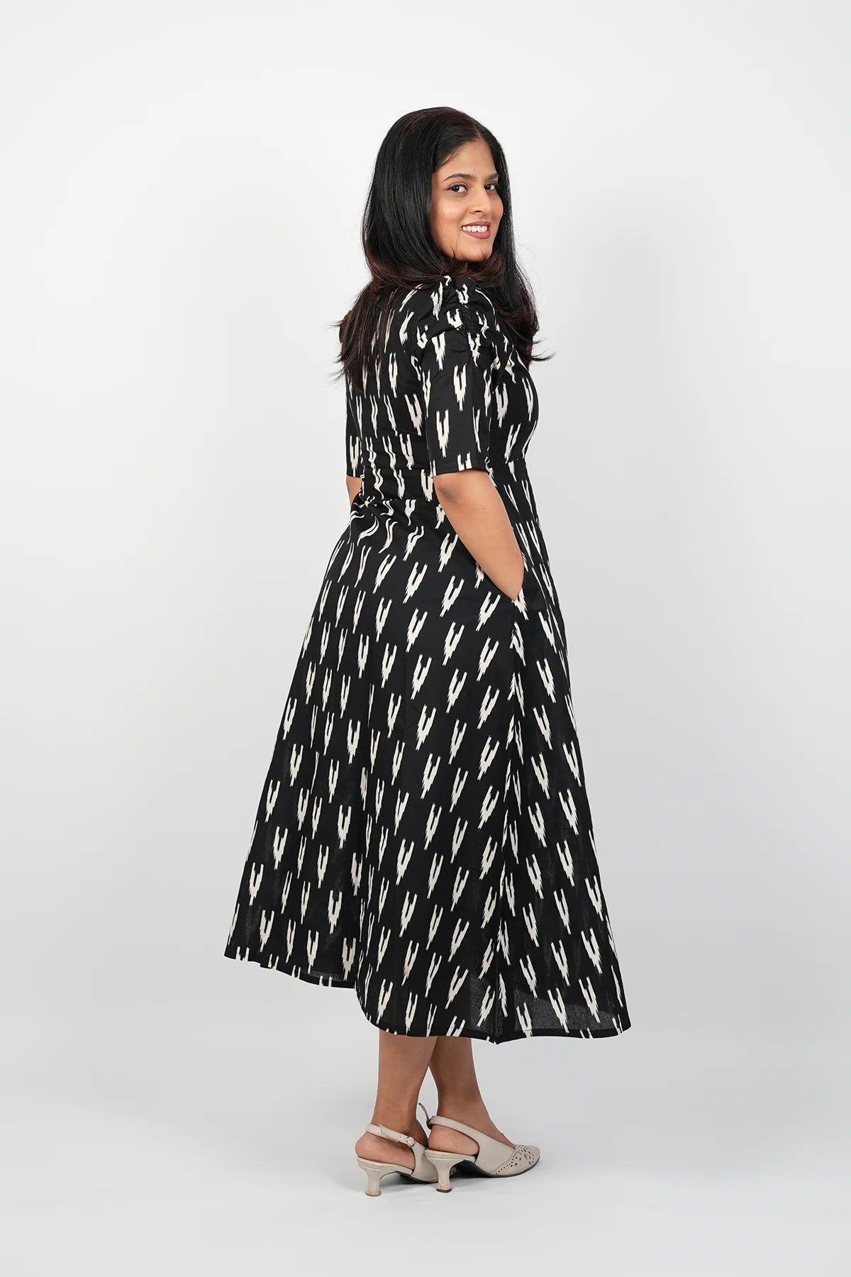 Black Ikkat A-Line Midi Dress