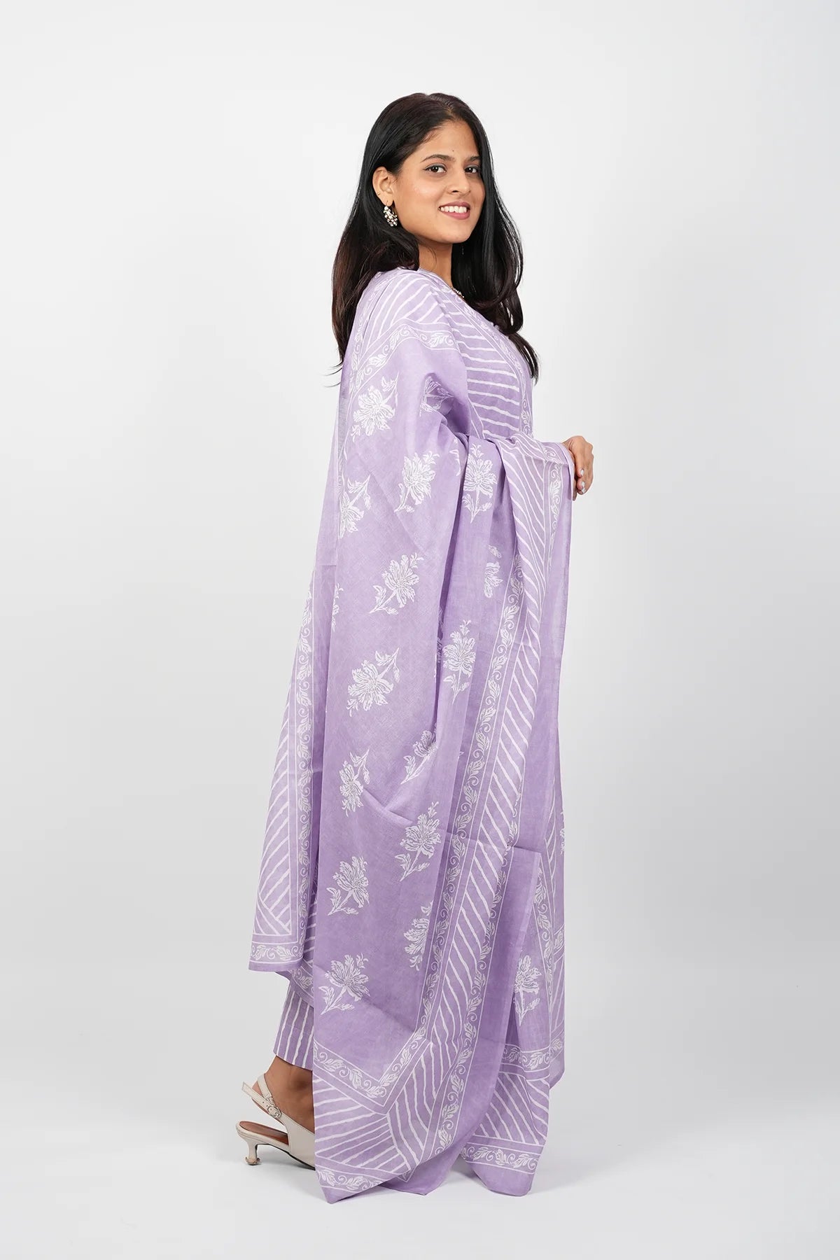 Purple & White Cotton Straight Cut Kurti Set