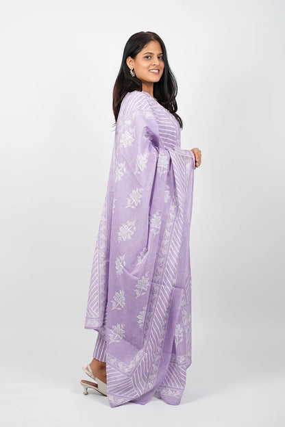 Purple & White Cotton Straight Cut Kurti Set