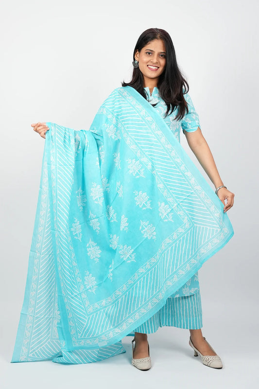 Sky Blue Cotton Straight Cut Kurti Suit Set