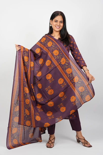 Dark Violet Cotton Straight Cut Kurti Suit Set