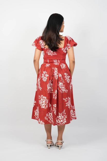 Red Floral A-Line Midi Dress