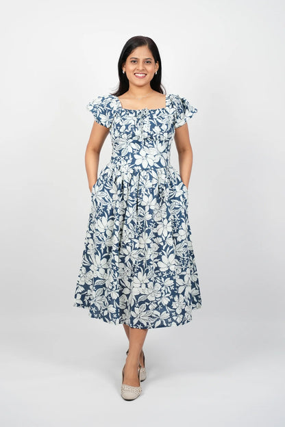 White with blue Floral A-Line Midi Dress