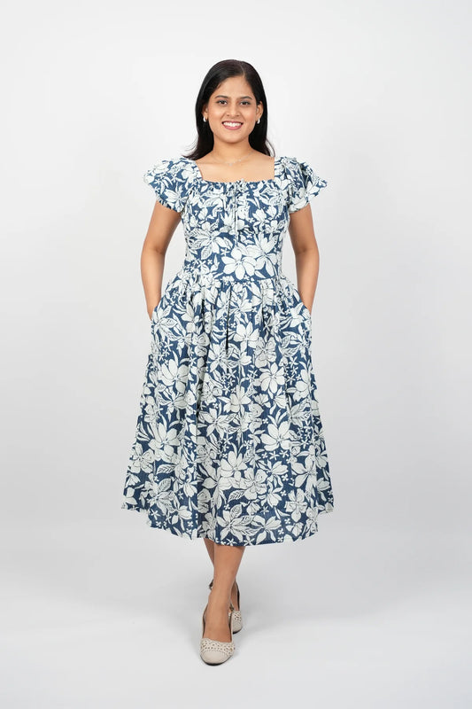 White with blue Floral A-Line Midi Dress