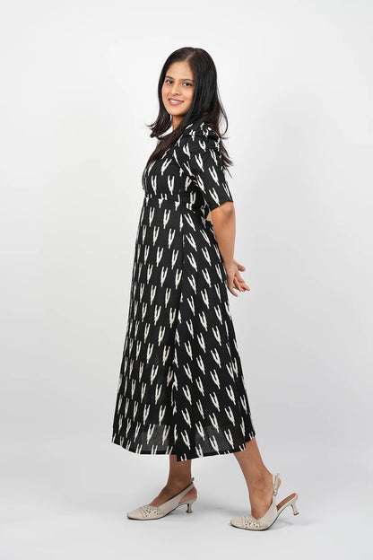 Black Ikkat A-Line Midi Dress