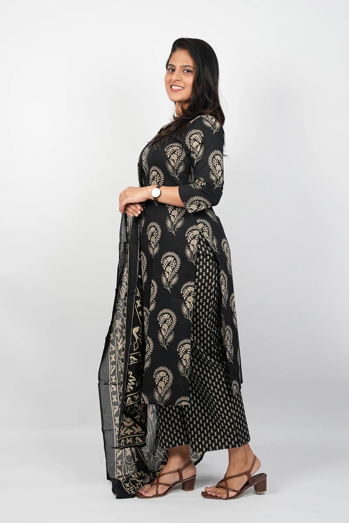 Black Cotton Straight Cut Suit set