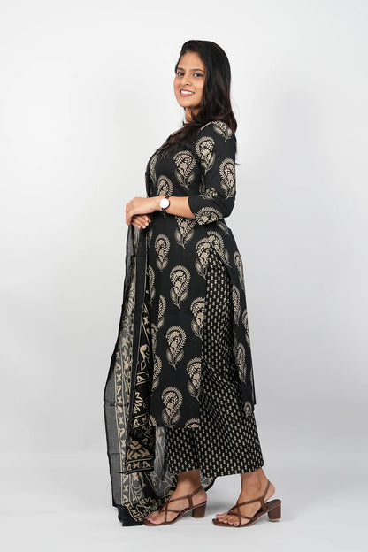 Black Cotton Straight Cut Suit set