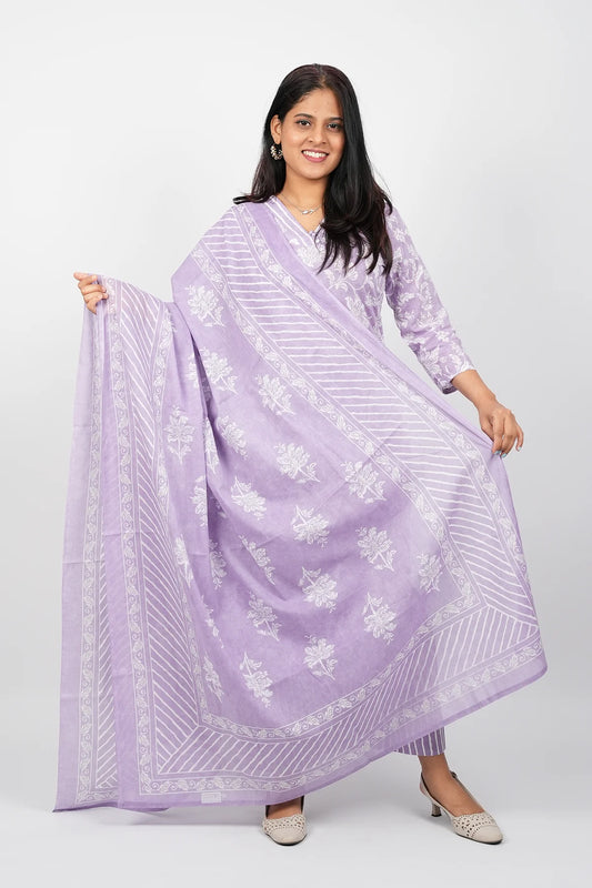Purple & White Cotton Straight Cut Kurti Set
