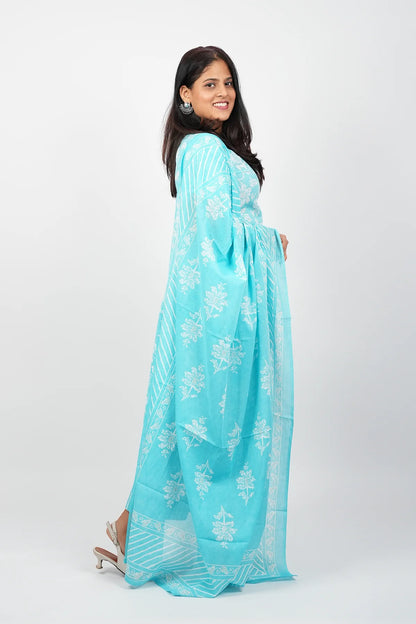 Sky Blue Cotton Straight Cut Kurti Suit Set