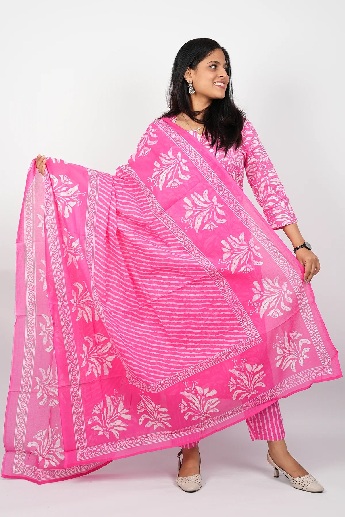 Pink Cotton Straight Cut Kurti Suit Set