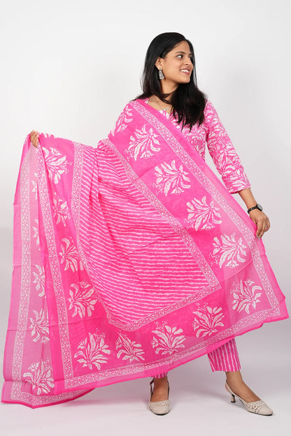 Pink Cotton Straight Cut Kurti Suit Set
