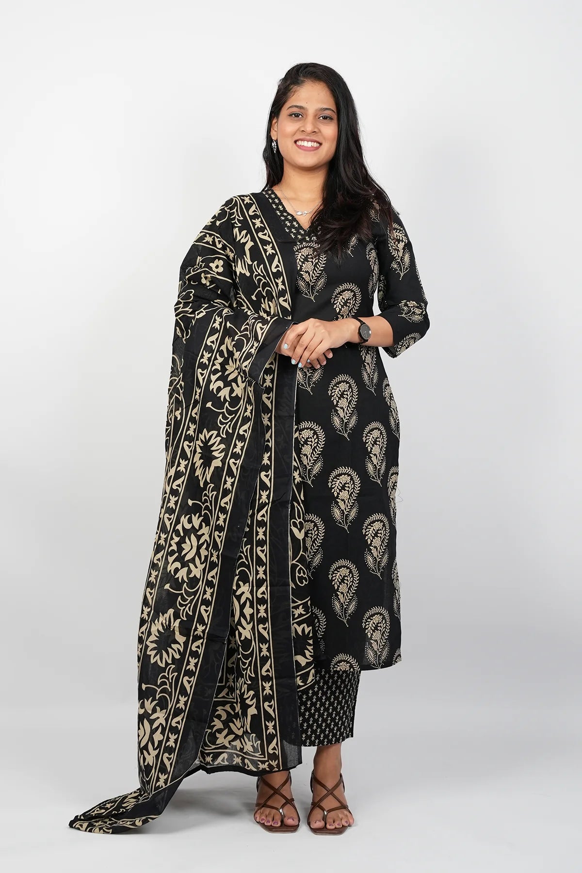 Black Cotton Straight Cut Suit set