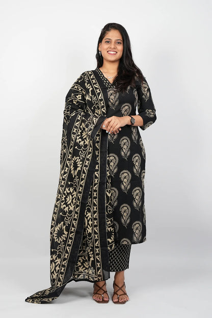 Black Cotton Straight Cut Suit set