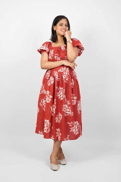 Red Floral A-Line Midi Dress