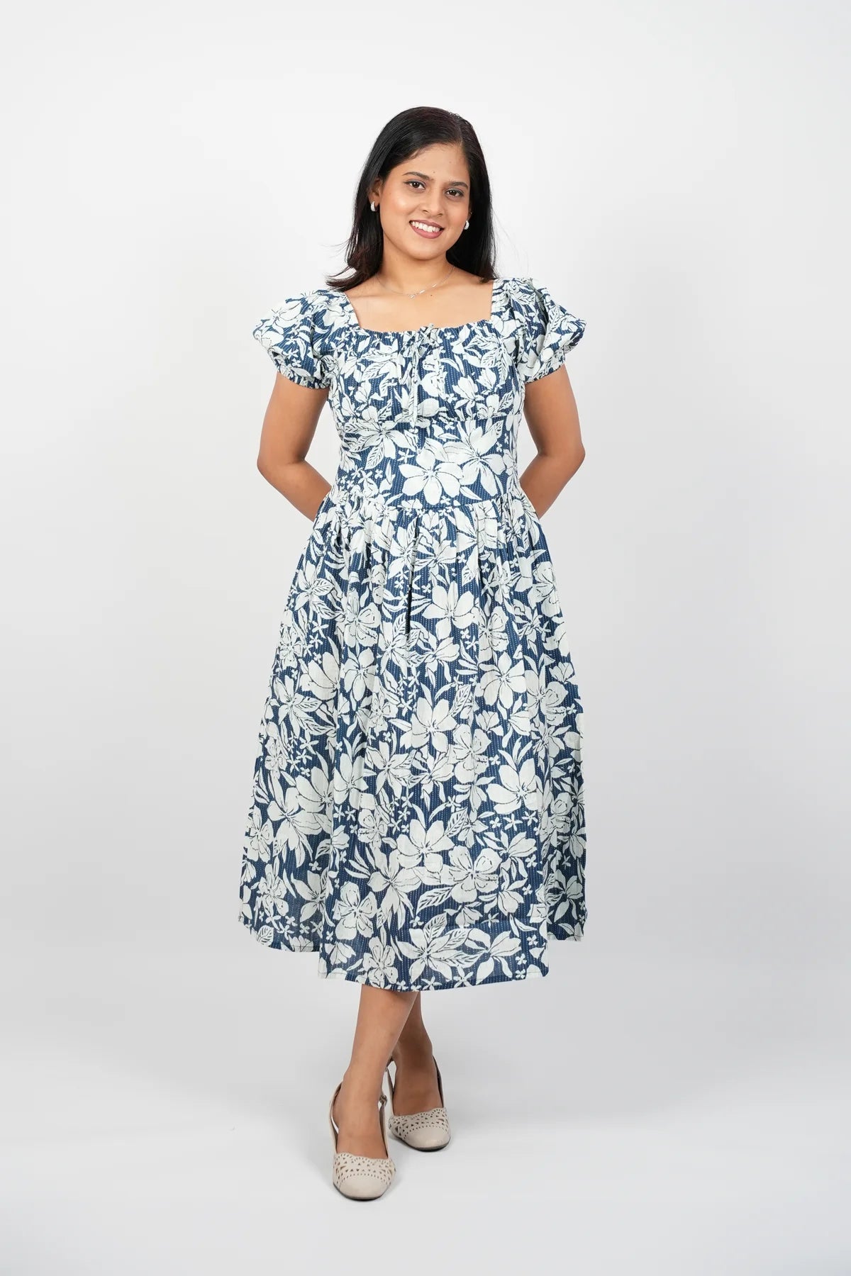 White with blue Floral A-Line Midi Dress