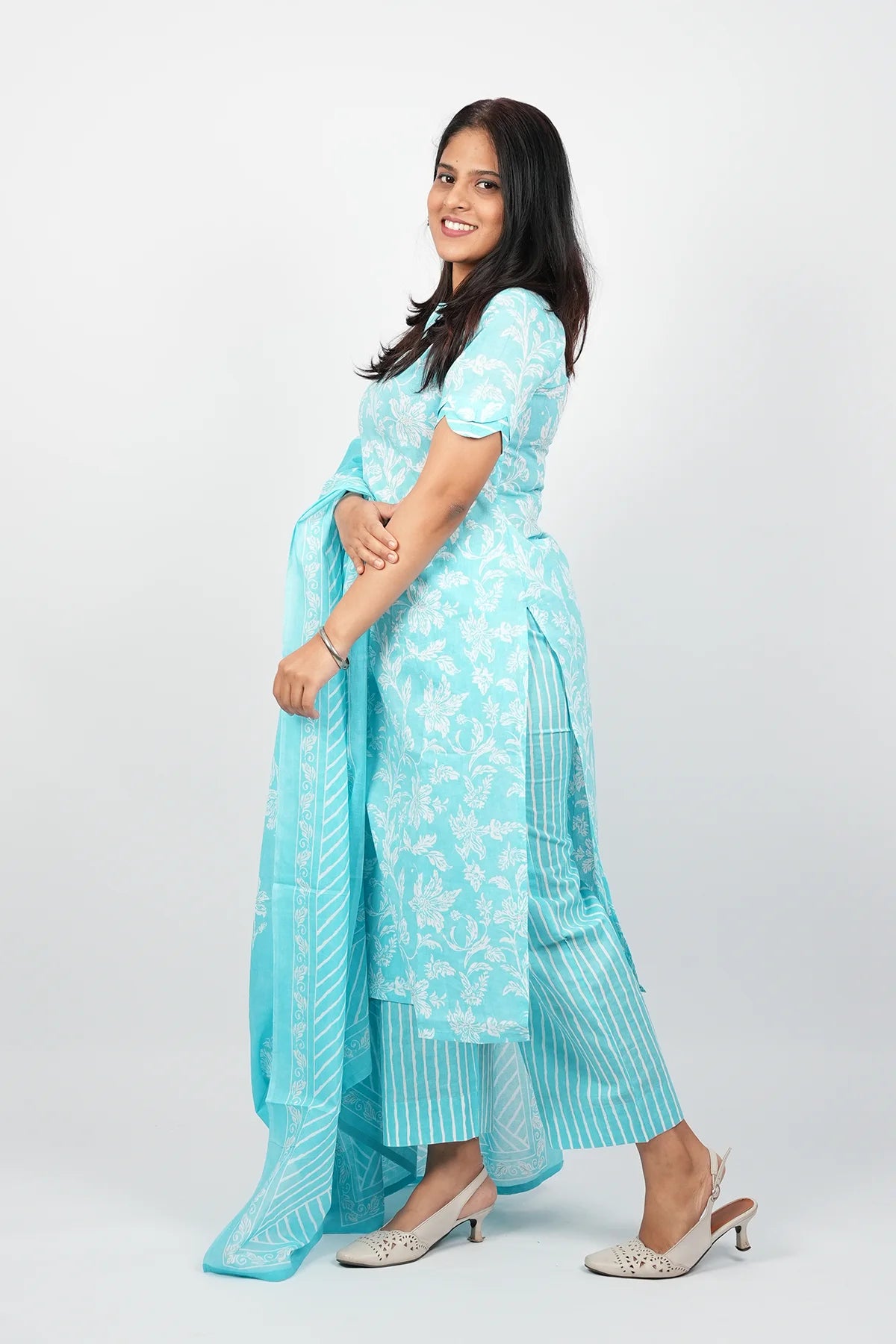 Sky Blue Cotton Straight Cut Kurti Suit Set