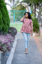 Floral Maroon Peplum Top with Lace Detailing