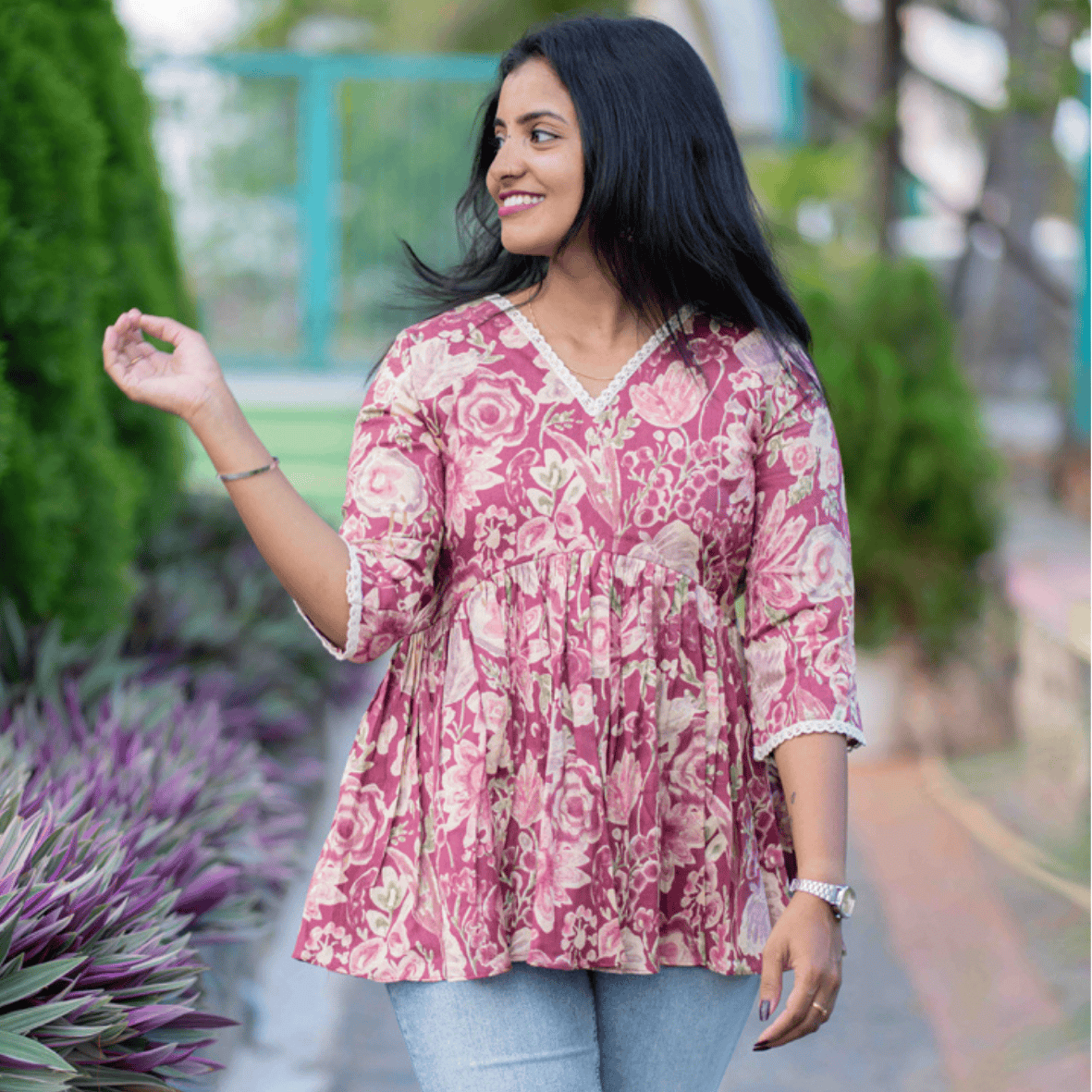Floral Maroon Peplum Top with Lace Detailing