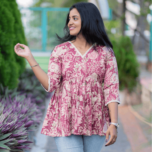 Floral Maroon Peplum Top with Lace Detailing