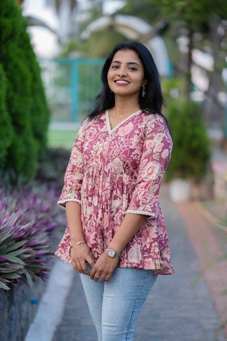 Floral Maroon Peplum Top with Lace Detailing