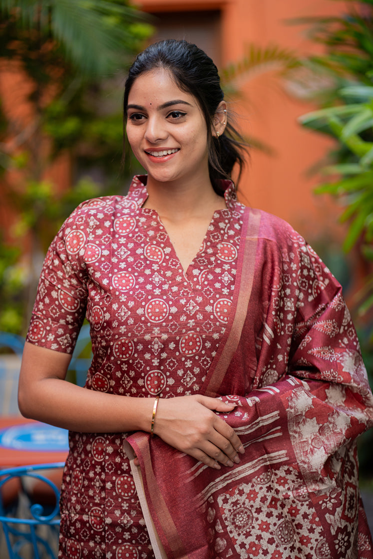 Maroon Printed Kurta Set with Dupatta