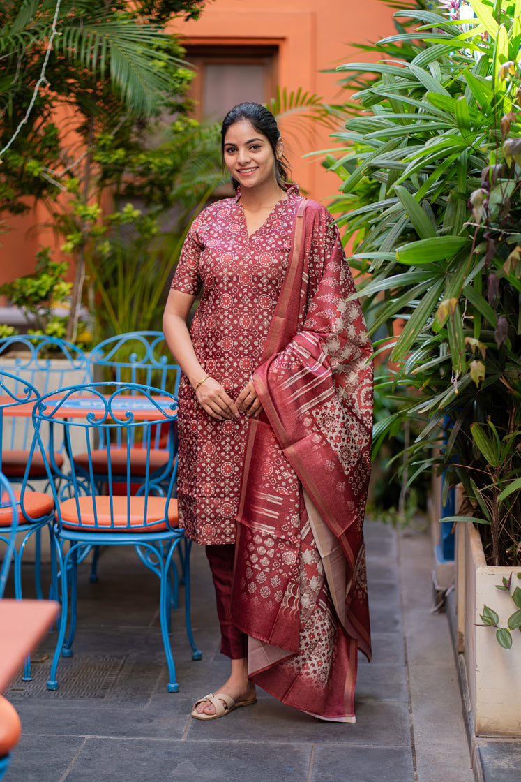 Maroon Printed Kurta Set with Dupatta