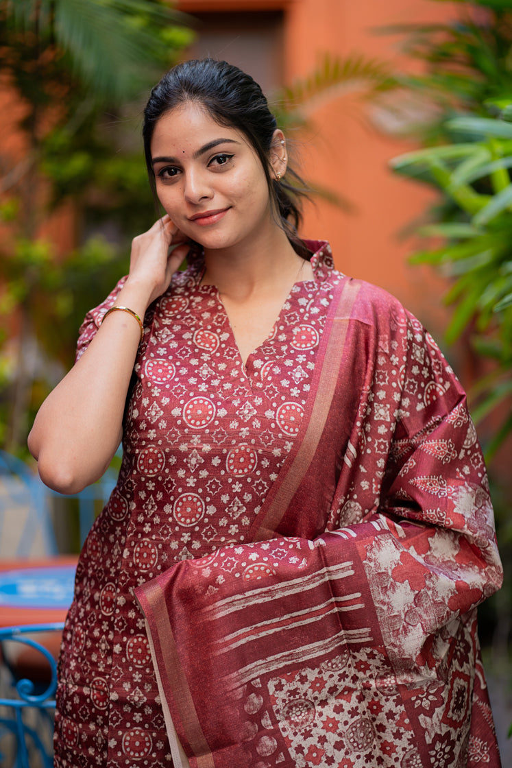 Maroon Printed Kurta Set with Dupatta