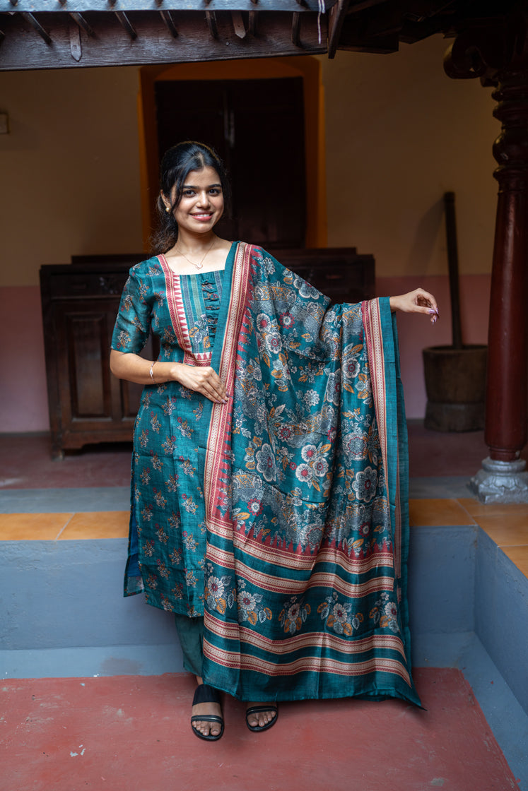 Teal Salwar Kameez with Floral Elegance