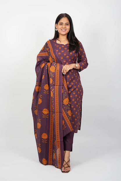 Dark Violet Cotton Straight Cut Kurti Suit Set