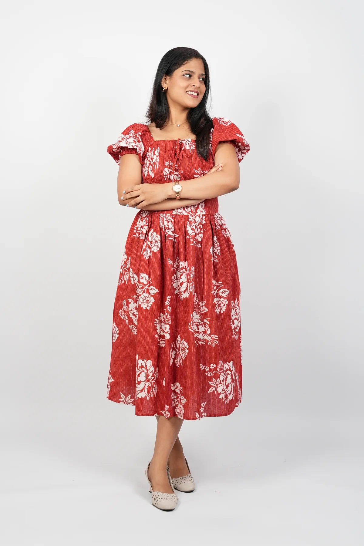 Red Floral A-Line Midi Dress