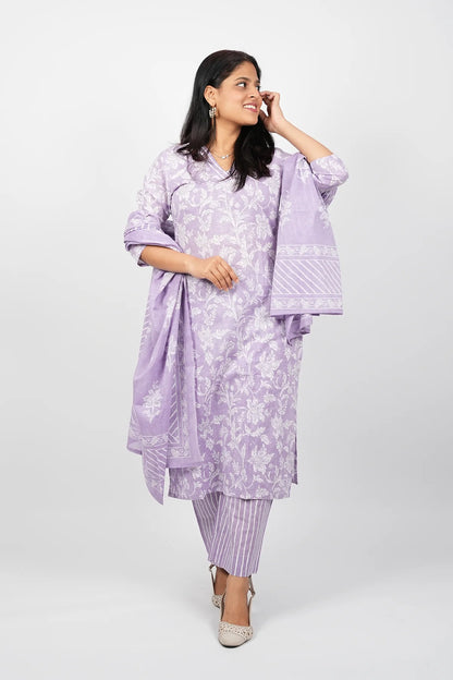 Purple & White Cotton Straight Cut Kurti Set