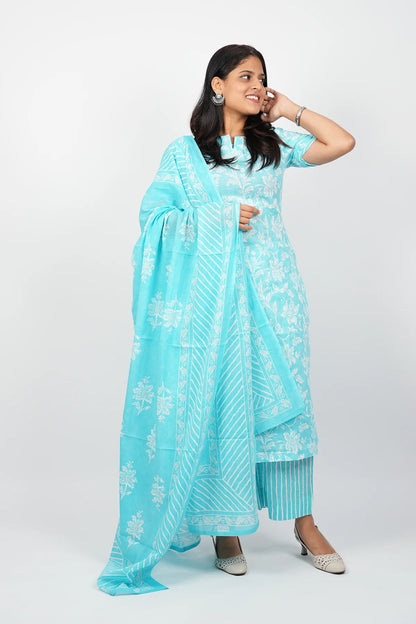 Sky Blue Cotton Straight Cut Kurti Suit Set