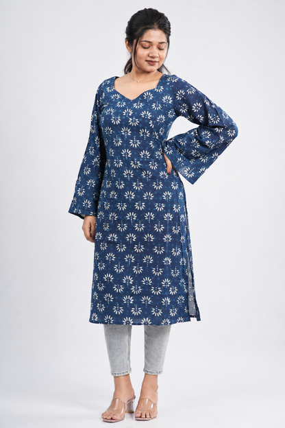 Women's Indigo Blue Floral Buti Handblock Long Kurti
