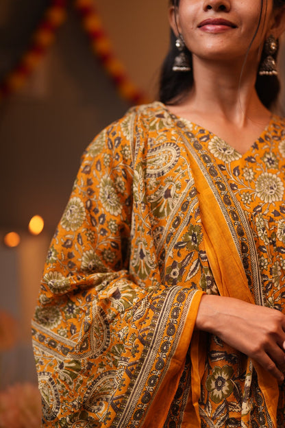Mustard Floral Cotton Alia Cut Suit Set