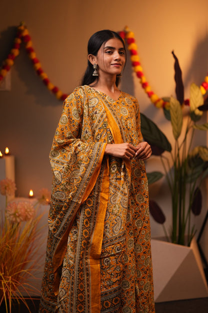 Mustard Floral Cotton Alia Cut Suit Set