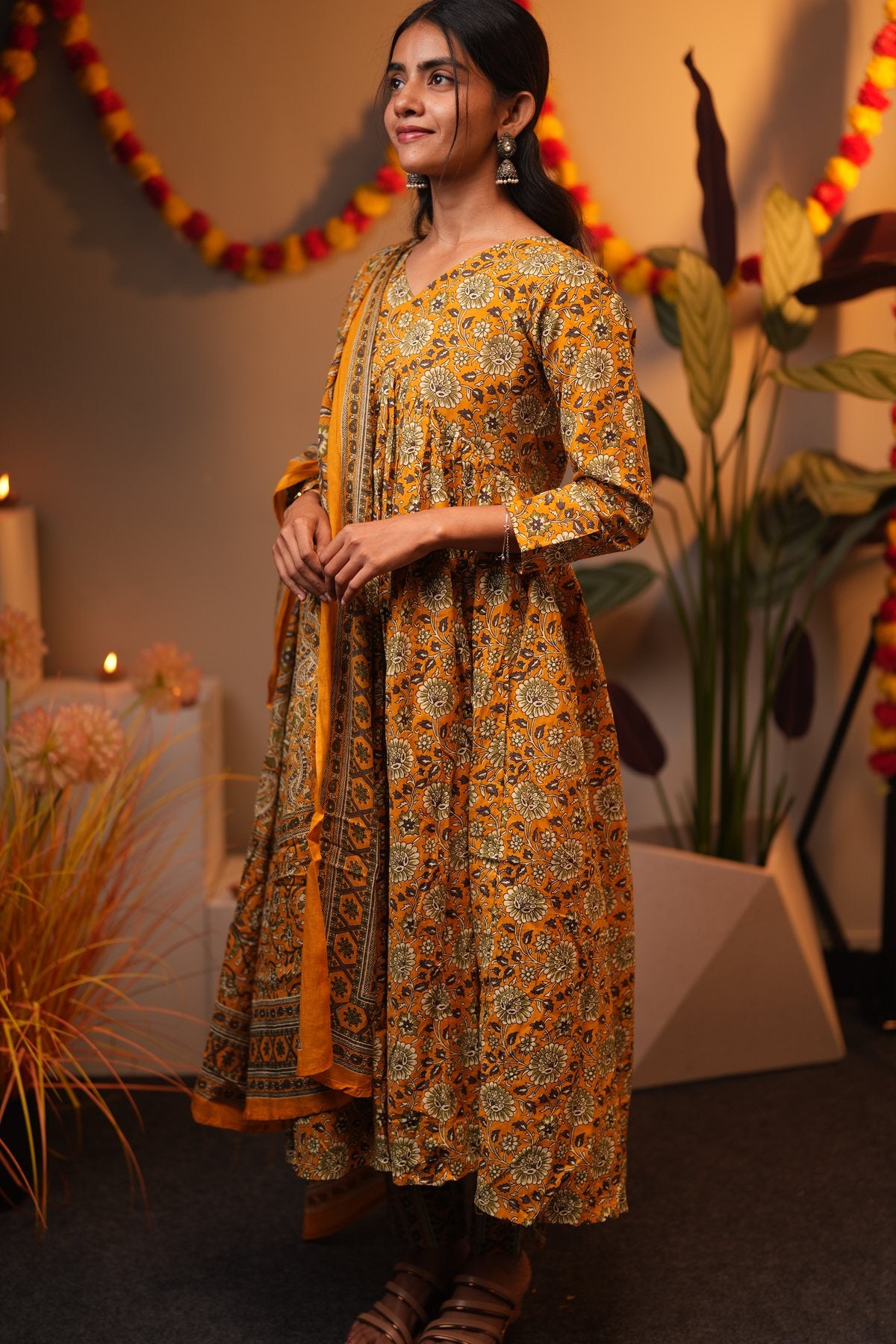 Mustard Floral Cotton Alia Cut Suit Set