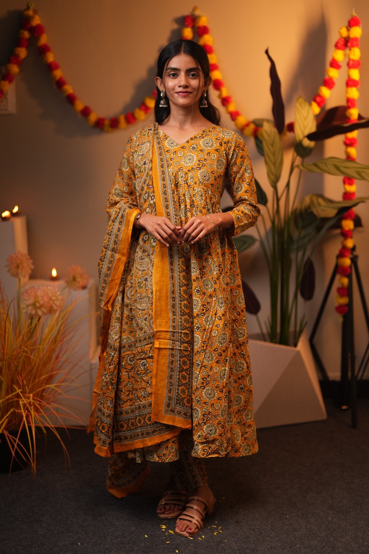 Mustard Floral Cotton Alia Cut Suit Set